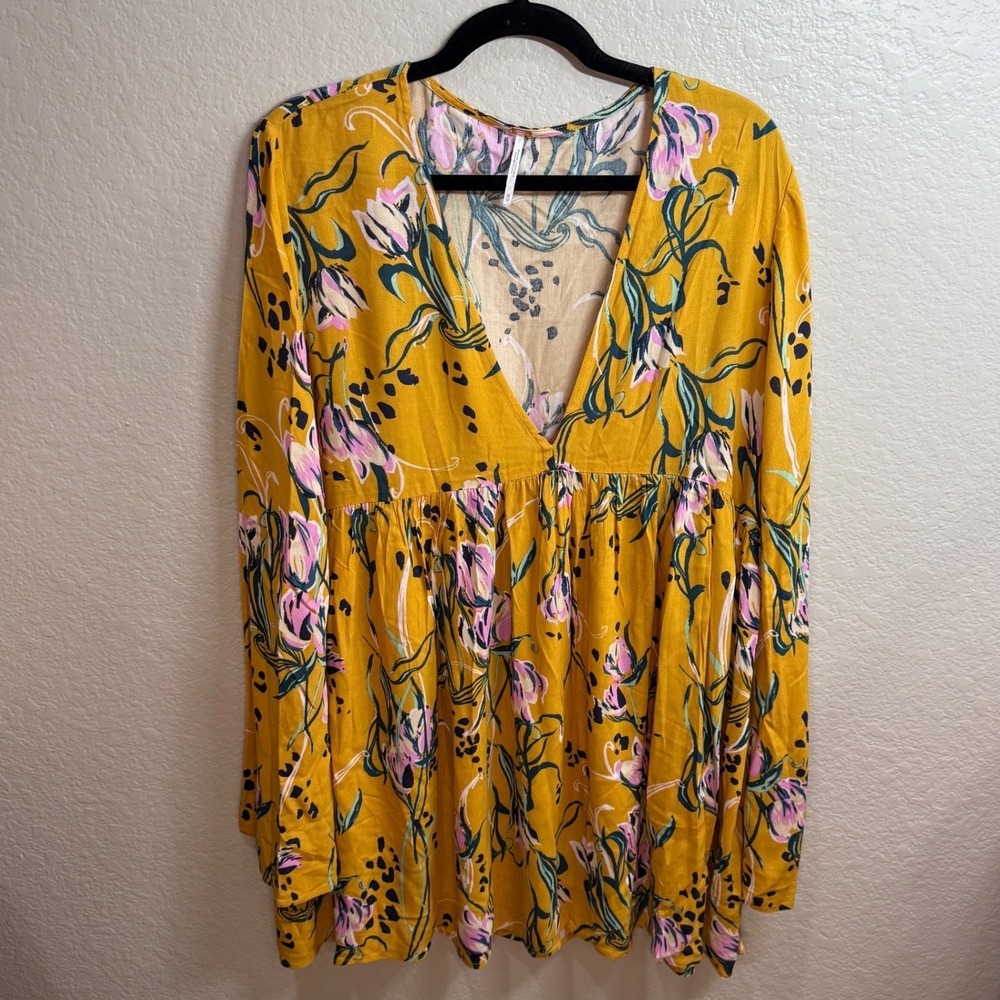 Free People Womens M Yellow Floral Print V Neck Babydoll‎ Mini Dress Long Sleeve